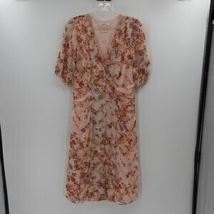 Sundance Women's Catalog Peach Floral Print 100% Silk Ruffle Midi Dress - 6